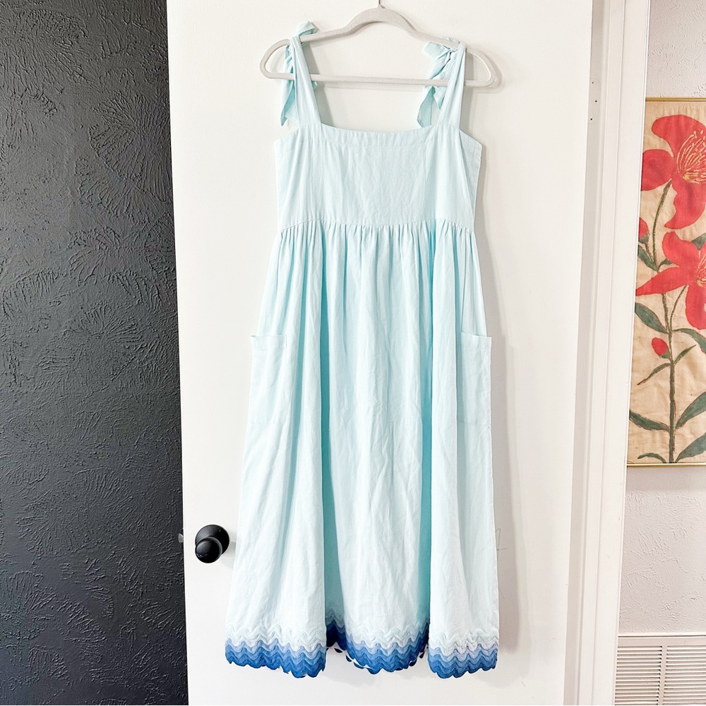 Juliet Dunn Tie Shoulder Dress Midi Tonal Cotton Ric Rac Blue Size Medium - Picture 6 of 9